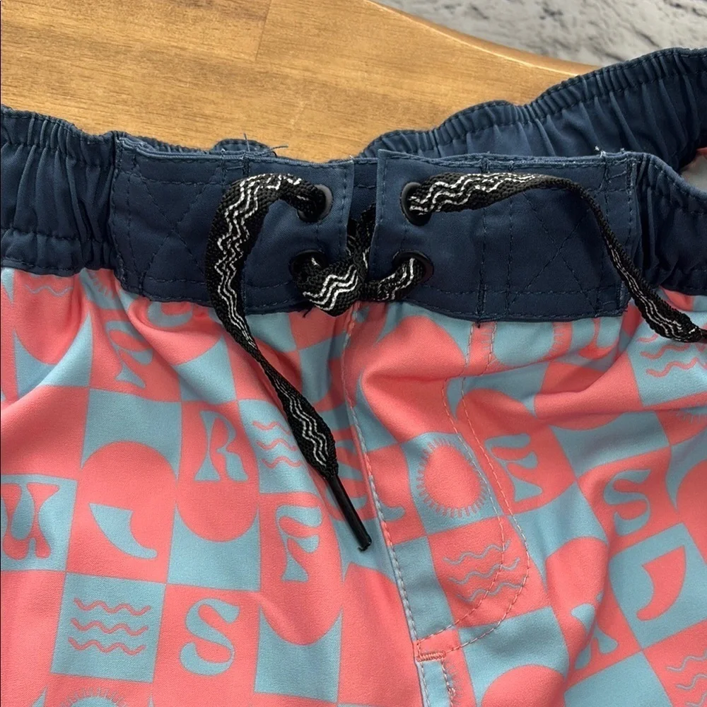 Pink and Blue Geometric Pattern Swimsuit with Elastic Waistband